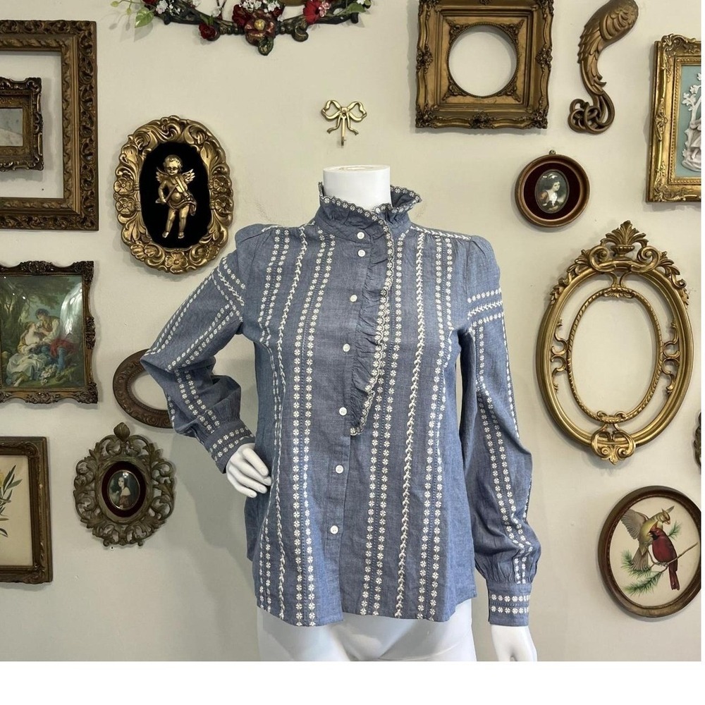 Sézane Women's 36 Blue Embroidered Ruffle Chambray Blouse